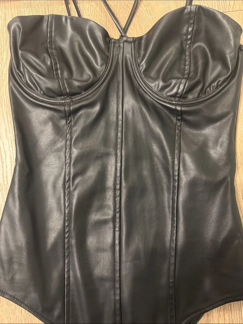 Zara Black Faux Leather Strappy One-Piece Bodysuit